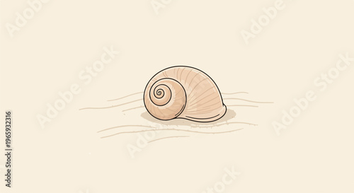 A simple illustration of a light-colored spiral snail shell rests on a textured sandy surface with gentle wavy lines