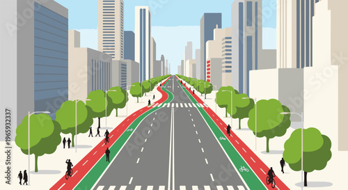 A city street with a dedicated bike lane, pedestrians, and trees leading to tall buildings