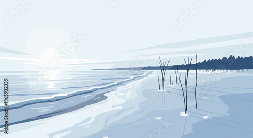 Pixelated winter sunrise over a frozen sea with a distant treeline and sparse reeds