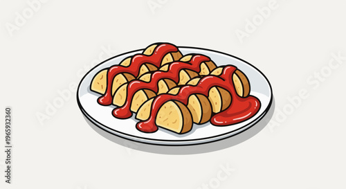 Cartoon illustration of potato wedges with a red sauce drizzle on a white plate
