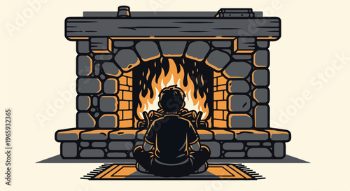 Person sits cross-legged before a roaring stone fireplace, with logs stacked beside them