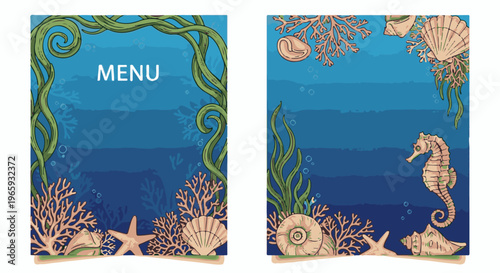 Marine life flourishes, with a seahorse and shells surrounding ocean plants and corals