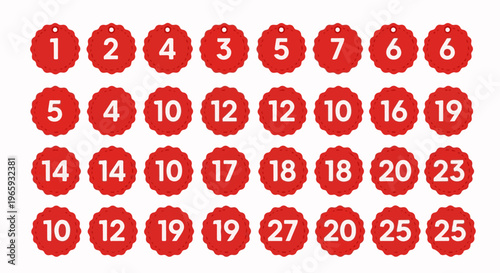 Red scalloped circle tags with white numbers, arranged in rows and columns