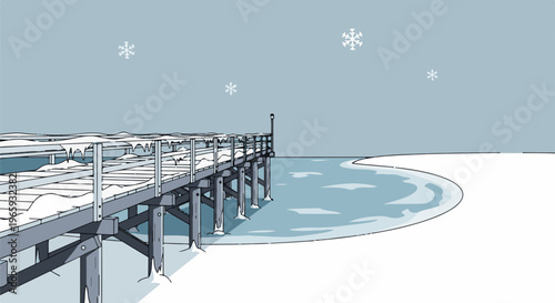 A snow-covered wooden pier extends over frozen water under a winter sky with snowflakes