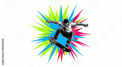 Skateboarder mid-air with colorful explosive background