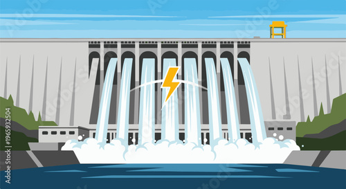 Massive concrete dam releases powerful water cascades, generating electrical energy