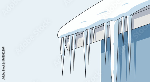 A close-up vector illustration shows icicles hanging from a snow-covered roof