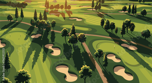 Aerial view of a golf course with sandy bunkers, green fairways, and pine trees casting long shadows