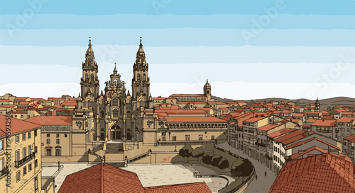 A stylized, colored illustration of a European city skyline, dominated by a grand cathedral
