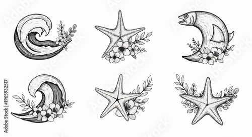 Six monochromatic sketches of aquatic elements and flora waves, starfishes, and a crescent moon with a fish