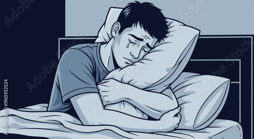 A man cries while clutching a pillow in bed