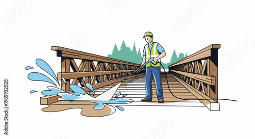 A worker in a safety vest pressure washes a wooden bridge