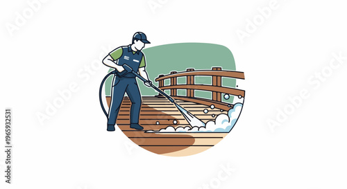 Person pressure washing wooden deck and railing outdoors, creating foam and spray