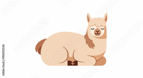 A simplified, adorable illustration of a light brown llama lying down peacefully on a white background