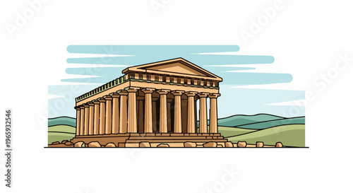 A sun-drenched, ancient temple with stately columns stands amidst rolling, green hills under a striped blue sky
