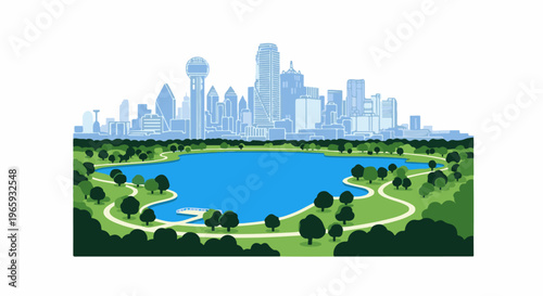 Serene park with lake, winding paths, and a distant city skyline