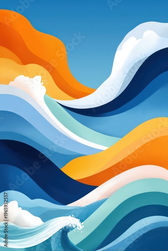 Abstract ocean waves background in blue, teal and orange with flowing motion and energy