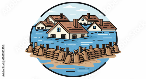 Houses submerged in water, protected by sandbags. Sky with clouds above