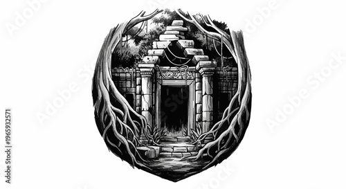 Overgrown ancient stone temple entrance, framed by gnarled tree roots and dense foliage