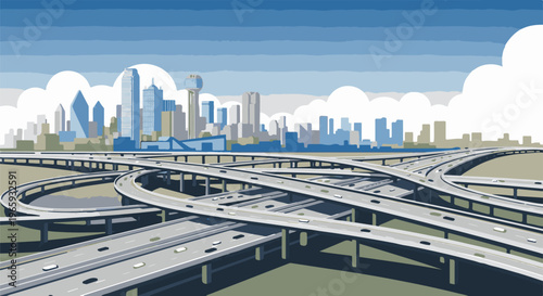 Pixelated urban overpass intersection with a distant city skyline under a cloudy blue sky