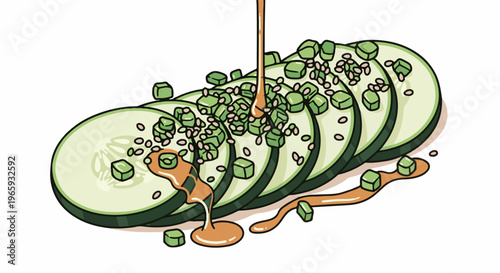 Sliced cucumbers topped with chopped green pieces and sesame seeds, drizzled with sauce