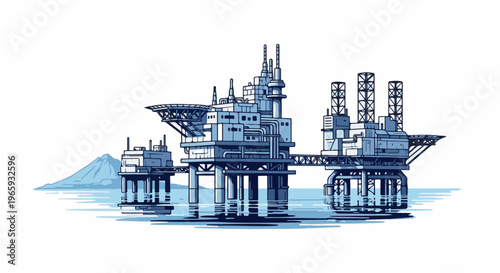 Industrial offshore oil rig structure at sea, with distant mountainous landmass under a clear sky