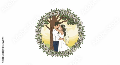 A couple embraces under a tree, framed by a wreath of daisies and greenery