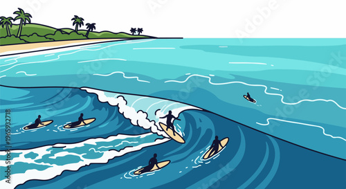 Surfers ride blue waves near a tropical island with palm trees