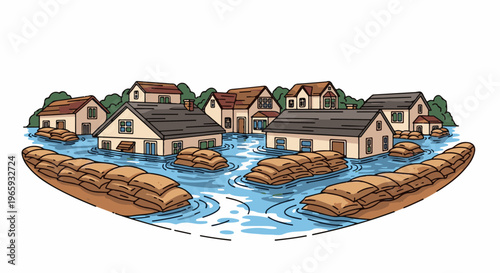 Cartoon houses submerged in floodwaters, protected by sandbags