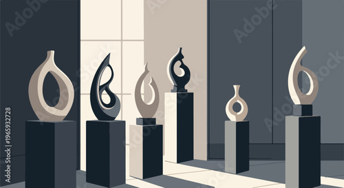 Abstract sculptures displayed on pedestals in a minimalist gallery space with soft lighting