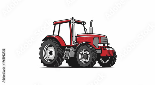 A cartoon-style, red farm tractor with large tires