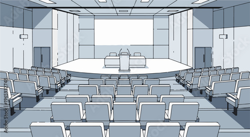 Auditorium interior with rows of empty seats facing a raised stage and screen