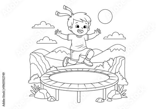 Coloring page for children with a happy boy jumping on a trampoline outdoors in a beautiful landscape with mountains and clouds, black and white illustration