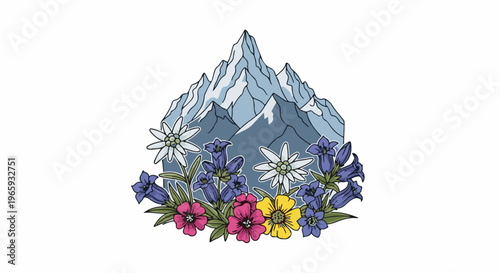 Majestic snow-capped mountains rise behind a vibrant bouquet of alpine wildflowers