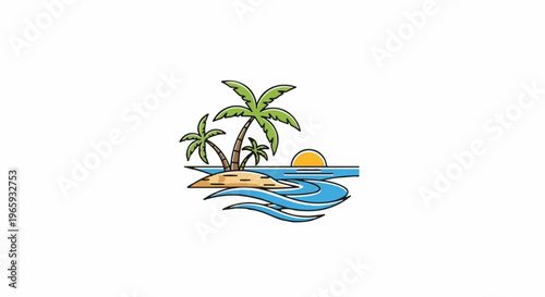 A stylized tropical island with palm trees and a setting sun over blue ocean waves