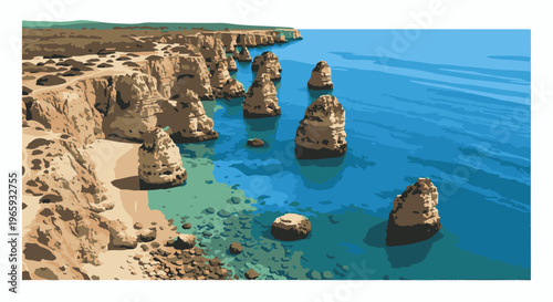 Rugged coastal cliffs and rock formations jut out into a calm, turquoise ocean under a clear sky