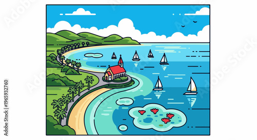 A picturesque coastal scene with a charming church, sailboats on the azure sea, and lush green hills