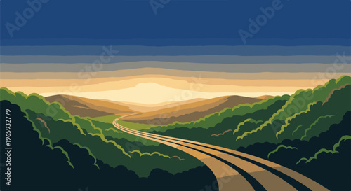 Pixelated railway tracks curve through rolling green hills towards a warm, hazy sunset sky