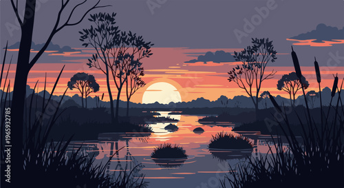 Pixel art wetland scene at sunset with warm sky and calm water