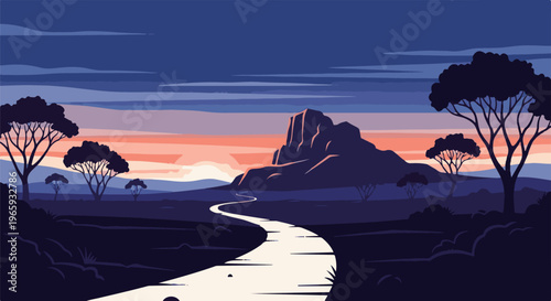 A winding path leads towards a majestic mountain at sunset under a twilight sky