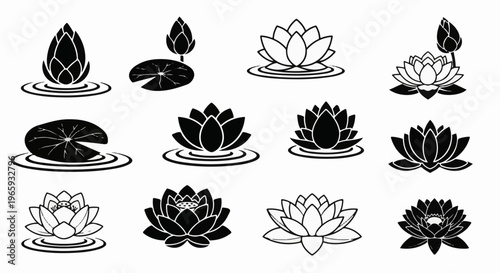 Collection of stylized water lily icons, some filled, some outlined, on water