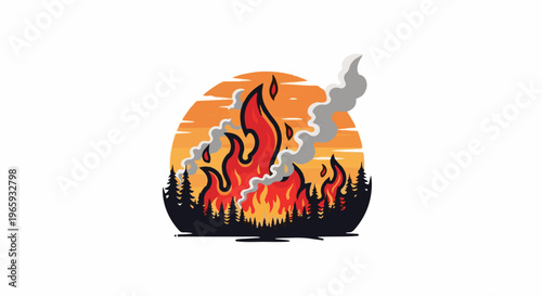 Flames engulf silhouetted pine forest against a vibrant sunset sky