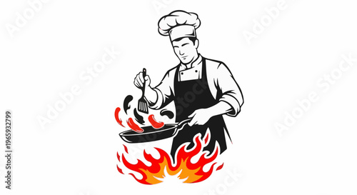 Chef cooking sausages in a pan over a fiery grill, flipping them with a spatula