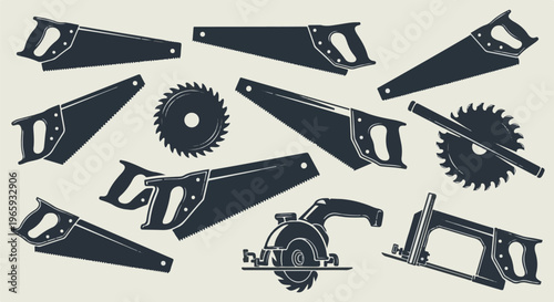 A collection of vintage style saws and saw blades scattered on a light background