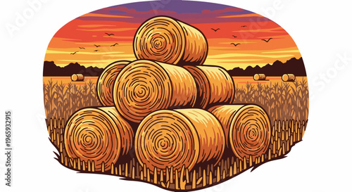 Golden hay bales stacked in a field under a vibrant sunset sky with silhouetted mountains