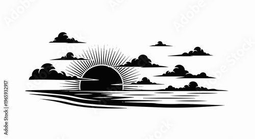 A stylized black and white illustration depicts a rising sun partially obscured by clouds over a body of water