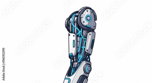 Futuristic robotic arm with illuminated blue conduits and metallic casing