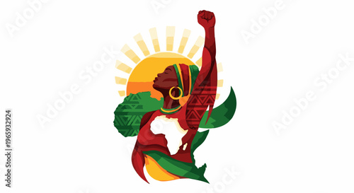 Artistic representation of a woman with her fist raised, embodying strength, with Africa map
