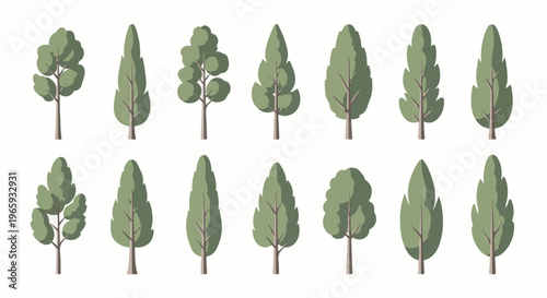 Collection of stylized green trees with varied shapes and sizes on a white background