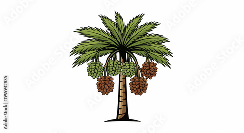 A palm tree displays clusters of green and brown fruit on a white background